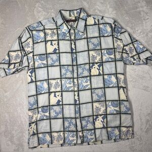 Tori Richard Men’s Cotton Lawn Blue Green Cream Ocean Seashell Hawaiian Shirt M